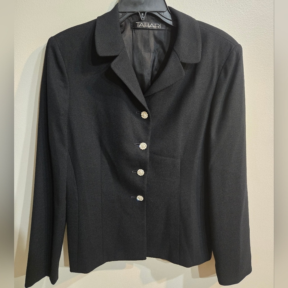 Tahari 100%Wool Womens Blazer Black Four Button Blazer Size 12 Work Business - Picture 2 of 11